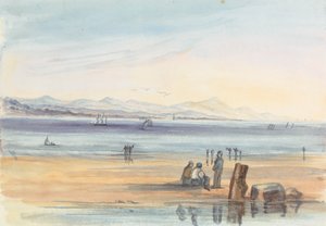 Figure su una spiaggia con montagne in lontananza da Unknown artist