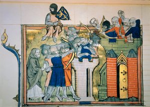 Prima crociata: Goffredo di Buglione (1058-1100) in una torre rotonda attaccò Gerusalemme nel 1099. Miniatura da "Roman De Godefroy De Bouillon et de Saladin" da Unknown artist