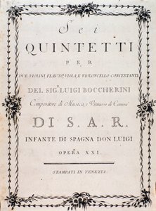 Prima pagina della partitura musicale di "Sei quintetti per due violini, flauto, viola e violoncello" di Luigi Boccherini