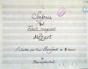 Prima pagina della sinfonia ridotta per due pianoforti e otto mani di Die Zauberflote, opera di Mozart, versione Lichtenthal (XIX secolo)