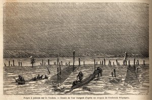 Trappole per pesci, poste sulle rive del fiume Yukon (estremo nord del Canada). Incisione per illustrare il viaggio e le avventure nella Colombia inglese, Isola di Vancouver e Alaska, di Frederick Whymper da Unknown artist