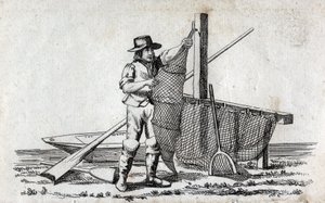 Pescatore e rete da pesca. Fine incisione del XVIII secolo. Collezione privata