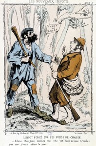 Tassa forzata sui fucili: "Andiamo borghese, dammi subito il tuo fucile se non vuoi che ti rovini la pelle" - caricatura sulle "nuove tasse" da Unknown artist