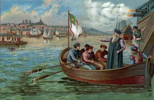 Antichi centri commerciali: ritorno di Vasco de Gama a Porto, Portogallo. Cromolitografia della fine del XIX secolo.