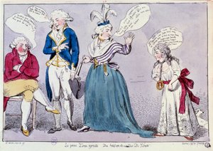 Rivoluzione Francese: vignetta contro la famiglia della regina Maria Antonietta (1755-1793) e Luigi XVI rinchiusi nella prigione del Tempio. La regina e la sorella del re, Madame Elisabetta, discutono sotto lo sguardo del re. Le loro parole sono scritte in da Unknown artist