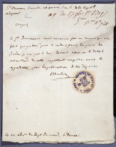Rivoluzione francese: lettera manoscritta datata 26/02/1793 da un certo Merlin sulla cattura della città di Breda in Olanda il 24 febbraio da parte del generale Dumouriez. Archivi dipartimentali del Nord Lille da Unknown artist