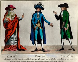 Rivoluzione francese: rappresentazione dei deputati dei tre ordini negli Stati Generali in costume cerimoniale: il clero, la nobiltà e il terzo stato. Stampa della fine del XVIII secolo. Collezione privata da Unknown artist