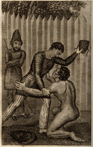 Venerdì è gettato tra le braccia di Robinson Crusoe, incisione inserita in "Le avventure di Robinson Crusoe" di Daniel Defoe