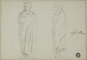 Vedute frontali e laterali di statua di ragazzo vestito con toga