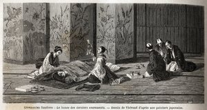 Cerimonie funebri: il monaco degli ultimi sacramenti. Incisione per illustrare il viaggio in Giappone nel 1863-1864, di Aime Humbert, ministro della Confederazione Svizzera, in "Le tour du monde, nouveau journal des voyages", pubblicato sotto la direzione 