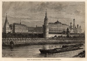 Veduta generale del Cremlino, il centro geografico di Mosca e il centro politico della Russia, il quartiere costruito nel XIV secolo è stato sempre ampliato e restaurato attraverso le peripezie storiche del paese. Incisione per illustrare La Rus da Unknown artist