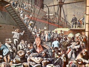 Emigranti tedeschi per New York che si imbarcano su un piroscafo di Amburgo nel 1874, incisione