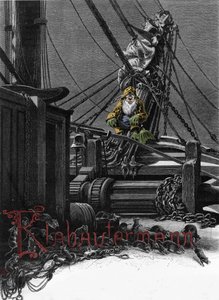Mitologia germanica: rappresentazione di un Klabautermann sul ponte di una nave, un elfo protettore delle navi in mare. Incisione del XIX secolo da Unknown artist