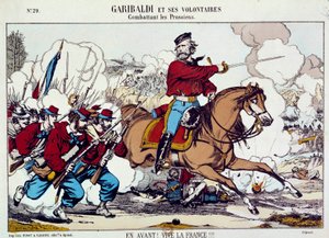 Giuseppe Garibaldi (1807-1882) che combatte con i suoi volontari contro i prussiani. 