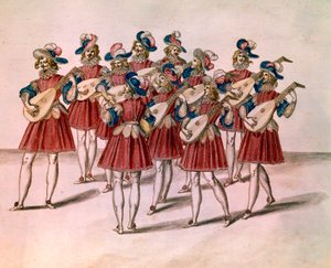 Gruppo di musicisti che suonano il liuto. Acquerello e penna di Daniel Rabel (1578-1637) dall