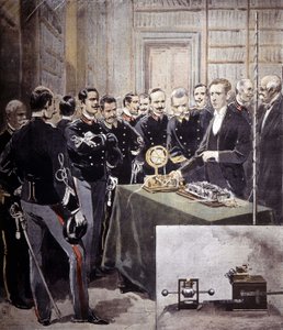 Guglielmo Marconi presenta il telegrafo senza fili (TSF) a una conferenza al Ministero della Marina nel 1897. da Unknown artist