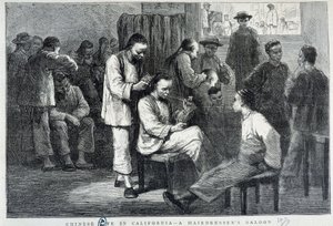 Salone di parrucchiere nella comunità cinese della California - incisione da Unknown artist