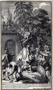 Ettore, tornato dopo aver respinto i Greci nelle loro trincee, li attacca con furia, sfonda una porta con una grande pietra, entra alla testa delle sue truppe e li insegue fino alle loro navi. Illustrazione del libro XII dell