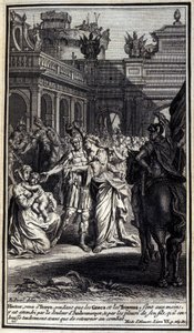 Ettore, che venne a Troia mentre i Greci e i Troiani erano in battaglia, fu afflitto dal dolore di Andromaca e dal pianto di suo figlio, che baciò teneramente prima di tornare in battaglia. Illustrazione del libro VI dell