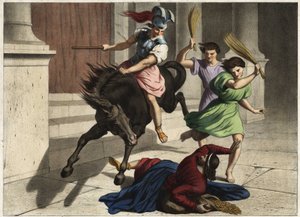 Eliodoro (Heliodoros) fu cacciato dal tempio: su ordine del suo sovrano, tentò senza successo di impossessarsi dei tesori del tempio di Gerusalemme. Incisione anonima della metà del XIX secolo