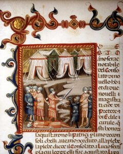 Historiae romanae decades (gruppi di 10 libri) (in francese Storia di Roma dalla sua fondazione fino al 292 a.C.) di Tito Livio. Miniatura rappresentante la conquista romana. XIV secolo