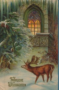 Storica cartolina di Natale con un motivo invernale con cervo e chiesa da Unknown artist