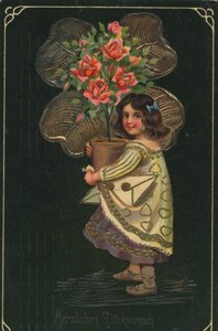 Storica cartolina di auguri con un bambino e una grande pianta in vaso, rosa da Unknown artist