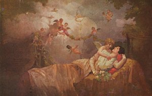 Storica cartolina di auguri con angeli per portare fortuna a una donna, kitsch-romantico da Unknown artist