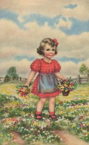 Cartolina storica con una ragazza felice nel prato, biglietto di auguri da Unknown artist