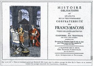Storia degli obblighi e degli statuti della più venerabile confraternita dei massoni: titolo e frontespizio incisi da Reinhardt Jr. (1742), per il famoso lavoro del Fratello del Terzo, dove sono tradotti i passaggi essenziali delle "Constitutiones" di Ande