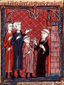 Storia del Diritto Canonico: "Due genitori che portano il loro figlio in un monastero" Miniatura tratta dal "Decreto di Graziano" ("Concordia discordantium canonum" o "Decretum Gratiani") datato 1140 e che regola le leggi e i canoni della Chiesa Cattolica  da Unknown artist