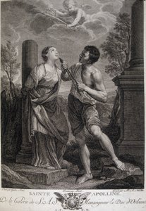 Santa Apollonia durante le persecuzioni si fa rompere i denti perché rifiutò di rendere omaggio agli dei romani. Incisione del XVII secolo da Unknown artist