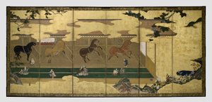Cavalli nelle stalle (Umaya-zu byobu) da Unknown artist