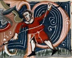Orticoltura: falciatura delle erbe. (dettaglio) Pagina di manoscritto (MS.s.vi) Trattato di agraria di Pietro de Crescenzi (1233-1320) XIV secolo Cesena, Biblioteca Malatestiana da Unknown artist