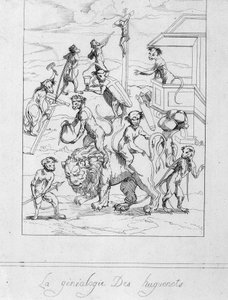 Genealogia ugonotta: caricatura dei protestanti in scimmie - incisione da Unknown artist