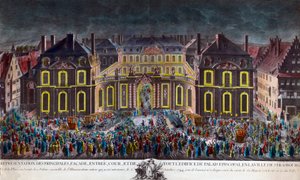 Illuminazioni del palazzo episcopale della città di Strasburgo durante le celebrazioni date dalla città durante il soggiorno del re Luigi XV (1710-1774) in convalescenza dopo una grave malattia il 5/10/1744. Stampa d