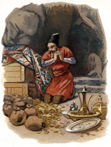 Illustrazione per le Mille e una notte. Ali Baba entra nella roccia dicendo, Sesamo apriti e vede barili d