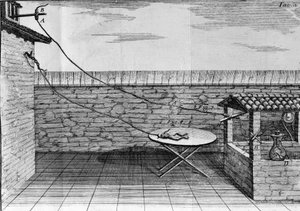 Illustrazione degli esperimenti di Luigi Galvani, fisico e medico italiano (1737 - 1798) che spiegano il passaggio della corrente elettrica che muove le zampe di una rana da Unknown artist