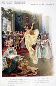 Illustrazione del racconto "Riquet à la houppe" di Charles Perrault (1697): la fata annuncia alla Regina che la principessa appena nata sarà stupida quanto bella. Poster "Au bon marché" del XIX secolo. da Unknown artist