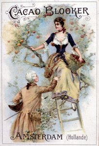Illustrazione pubblicitaria per il cacao Blooker che rappresenta un giovane alla moda del XVIII secolo che aiuta una giovane donna a scendere da una scala.