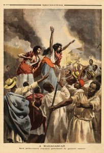 In Madagascar, la principessa reale (sorella e zia della regina) predica la guerra santa contro la Francia. Incisione in "Le petit journal" 9/09/1894. Collezione Selva