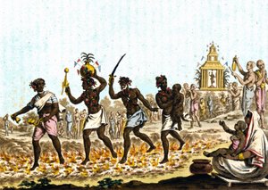 India. Fakiri che camminano su carboni ardenti (incisione del XIX secolo)