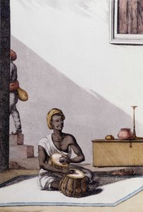 Cultura e civiltà indiana: musicista che suona le tablas, strumento musicale tradizionale, India. Incisione del 1808 da Unknown artist