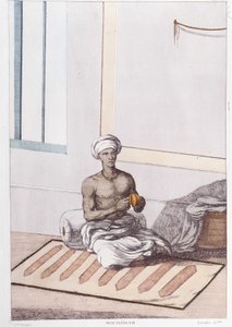 Cultura, civiltà e società indiana: musicista con percussioni tradizionali indiane. Incisione del 1808