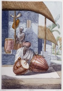 Cultura, civiltà e società indiana: musicista con percussioni tradizionali indiane (Tikora). Incisione del 1808. da Unknown artist
