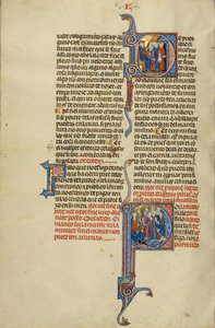 Iniziale D: Una donna che accusa il marito davanti a un giudice; iniziale P: Una coppia guidata da soldati davanti al re. da Unknown artist