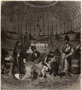 Dentro una tenda turca (Turkmena, Iraq), casa di una famiglia, con un barhchi (musicista, narratore) accompagnato dal dutare per cantare o recitare poesie. Incisione per illustrare la storia di Henri de Blocqueville 