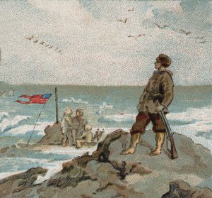 Isaac Israel Hayes (1832-1881) con la bandiera americana sulle rive del mare polare. Cromolitografia della fine del XIX secolo