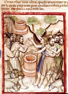 Isacco scava pozzi nella valle di Guerar e i pastori della valle lo cercano per litigare Miniatura dal codice 212 (o codice padovano o Bibbia di Padova) 1390-1400 Rovigo, Accademia dei Concordi da Unknown artist