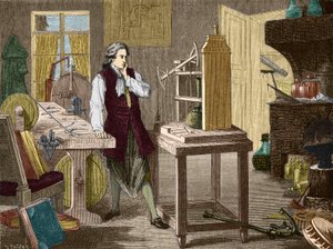 James Watt che studia il perfezionamento della macchina di Newcomen (1767) (motore a vapore) - in "Album della Scienza; illustri scienziati; Grandi scoperte" 1896